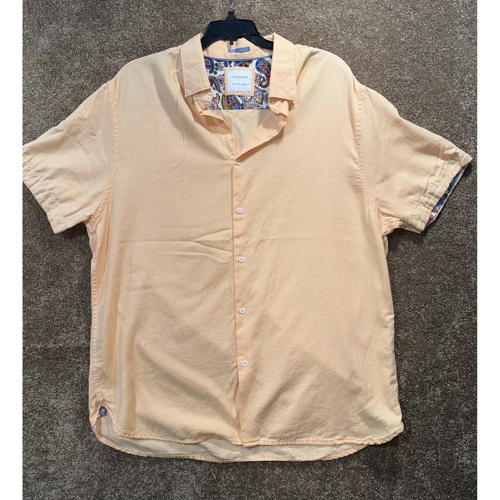 Denim & Flower Ricky Singh Mens XL Peach Short Sleeve Paisley Trim Button Shirt